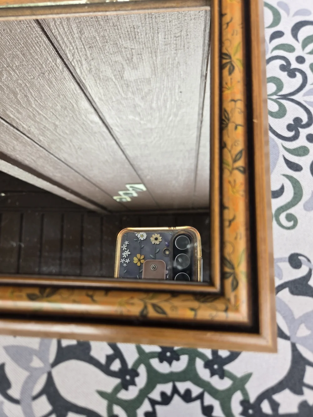 Vintage Square Mirror With Floral Border Design On Wood Frame